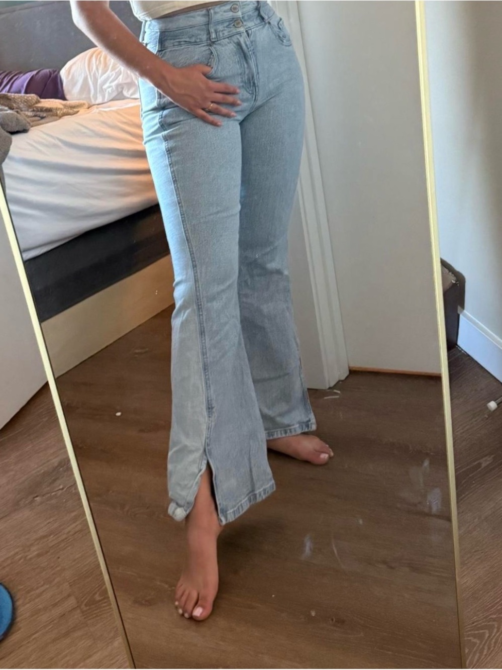 Light Blue High-Rise Flare Jeans with Hem Slit